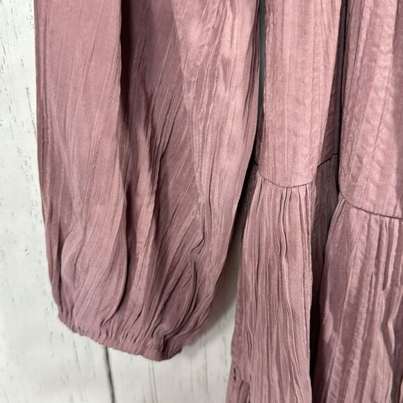 Storia Mauve Boho Tiered Mini Dress Long Sleeve Deep V Cottagecore Romantic - Picture 7 of 14